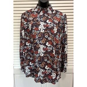 Alexander‎ Jordan Brown/Burg Floral Long Sleeve Smocked Neck/Cuffs Blouse Size L